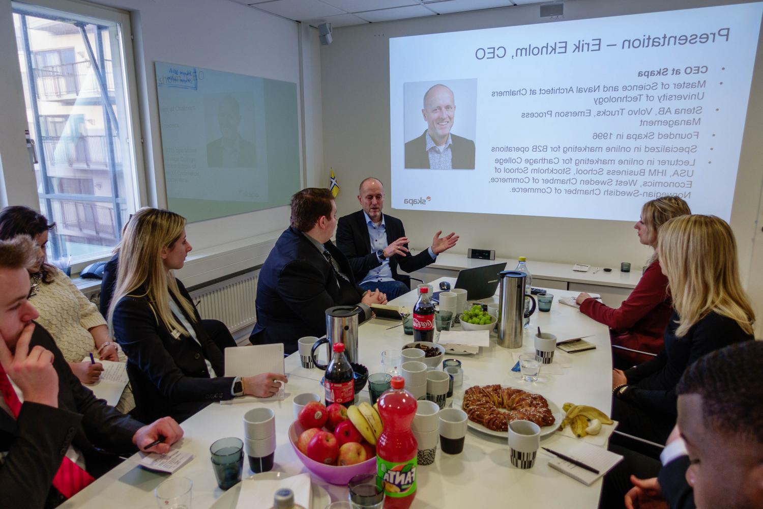 Business students hearing a presentation during the J-Term study tour: International Business/Marketing and Cultural Analysis of Sweden.